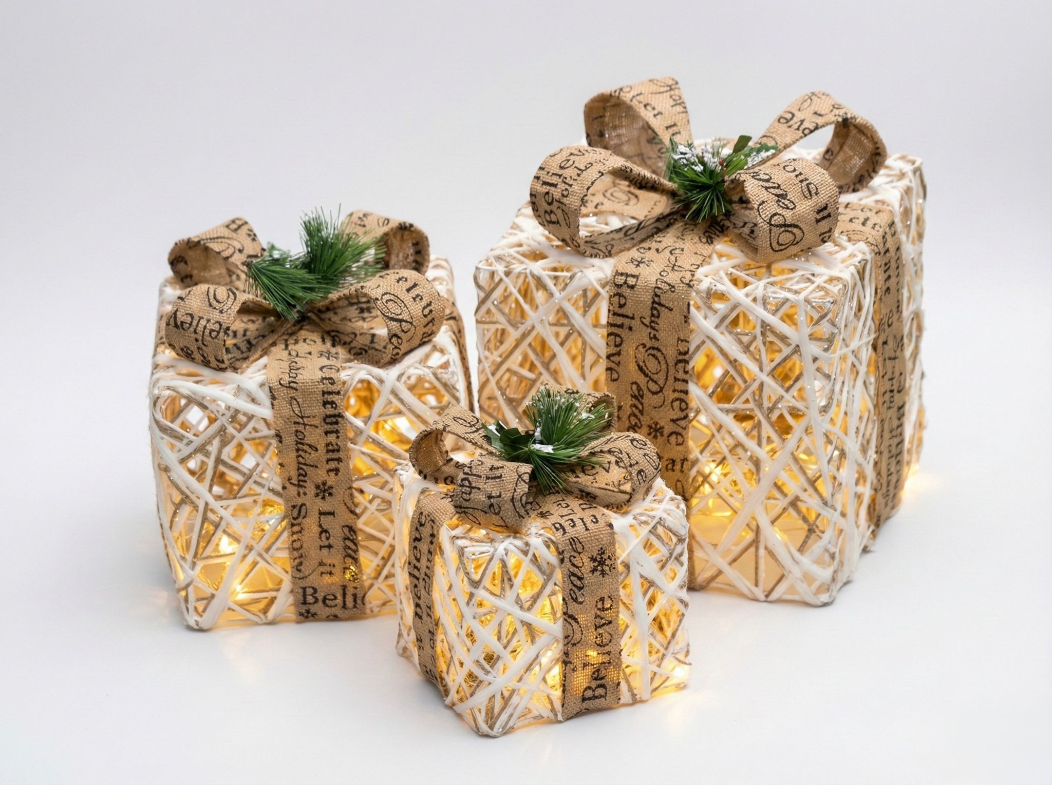 Set of 3 Illuminated-Style Iron Holiday Gift Boxes – Rustic & Elegant Decor